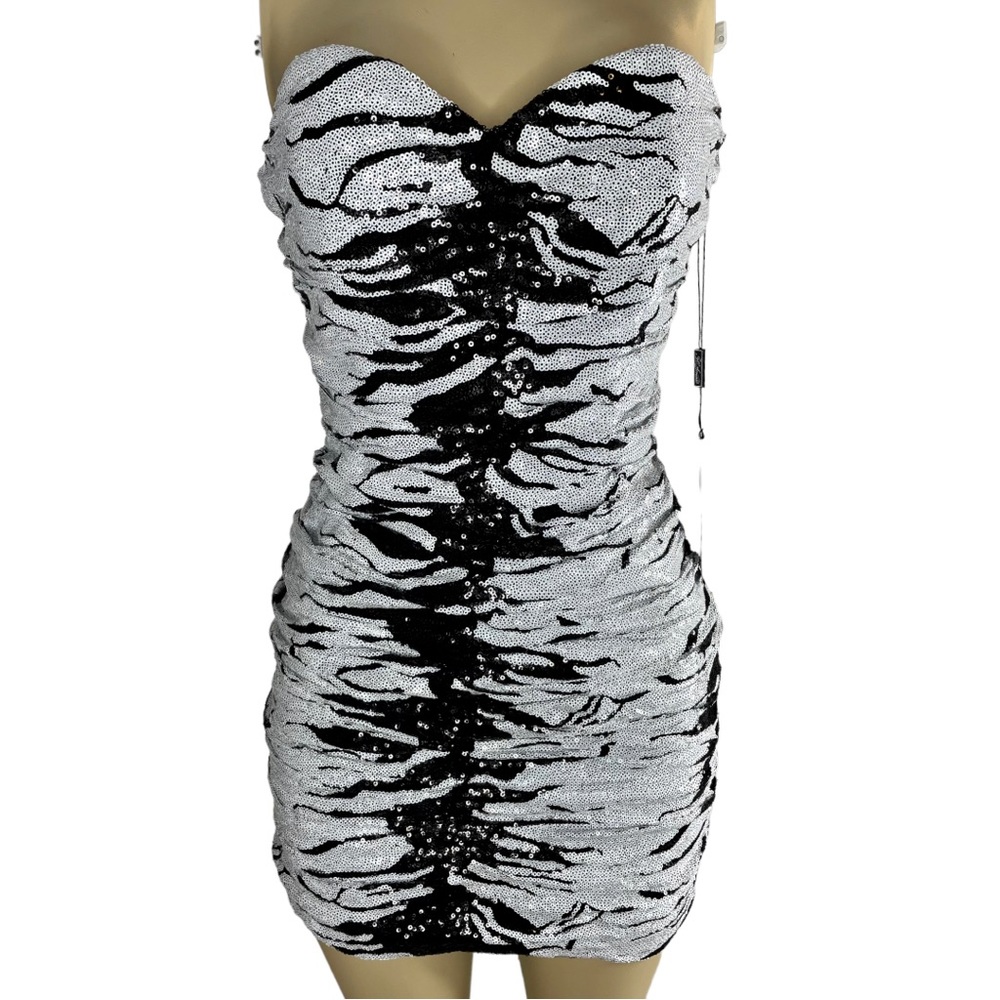 La Femme Strapless Mini Sequence Black and Silver Dress